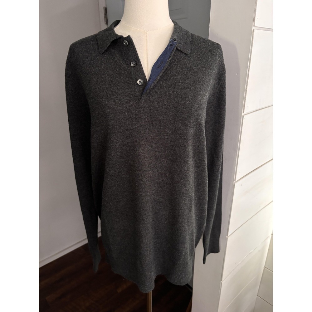Boden Sweater Mens Medium Gray 100% Wool Collared Henley Knit Pullover
